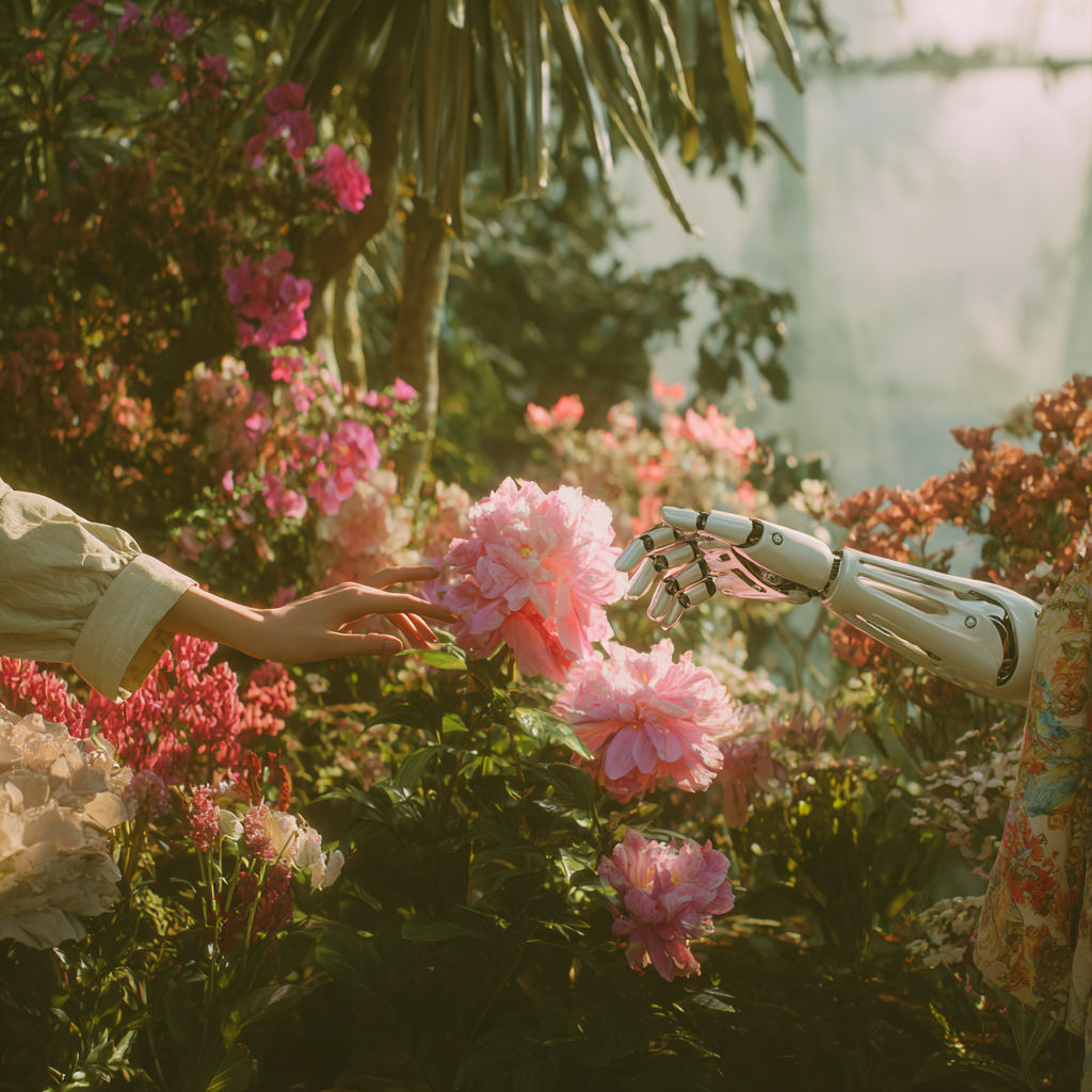 Human and AI tending plants together